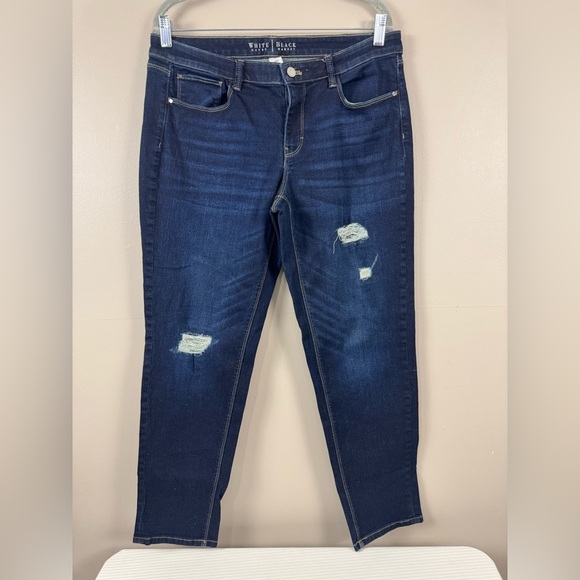 White House black market girlfriend mid rise dark wash destructed jeans size 10 - Picture 1 of 8
